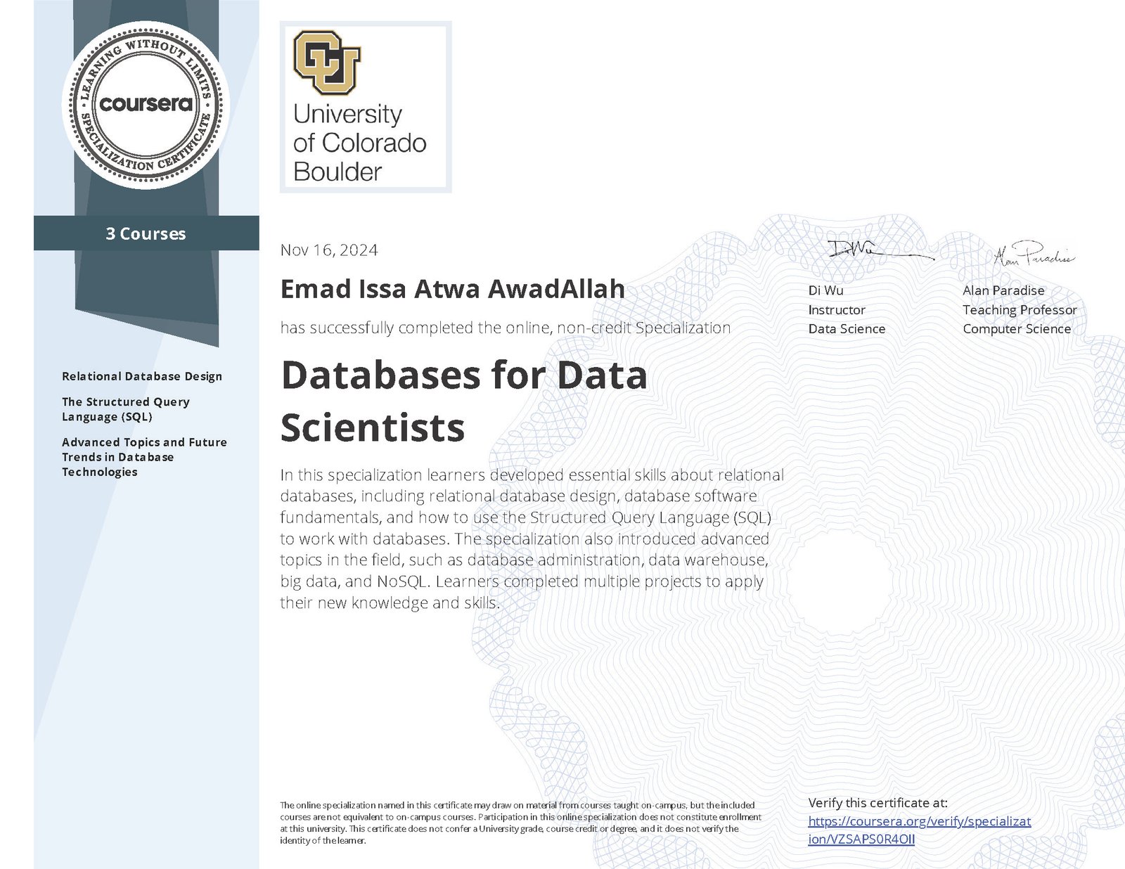 Databases for Data Scientists Specialization Certificate